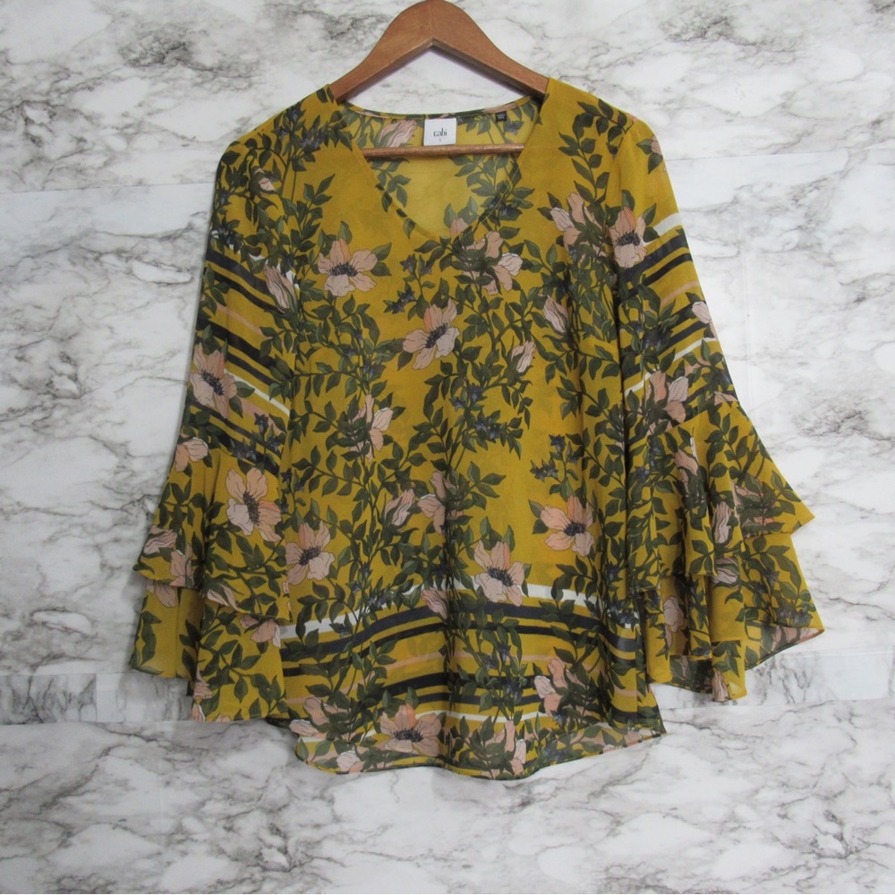 Cabi Floral Bell Sleeve Spring Scene Sheer Yellow Blouse Top Size Small